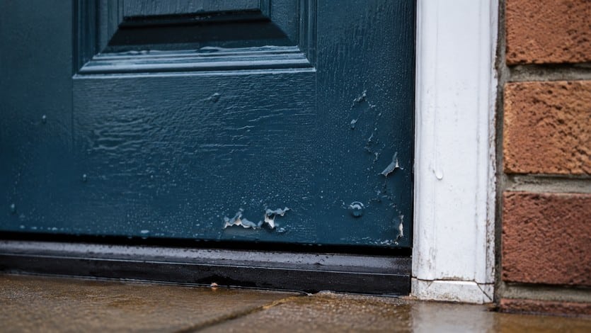 Close-up of paint peeling and adhesion failure on the lower edge of a composite door
