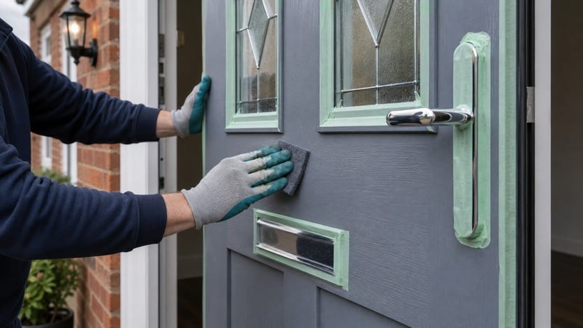 Correct masking and light sanding to prepare a composite door before painting