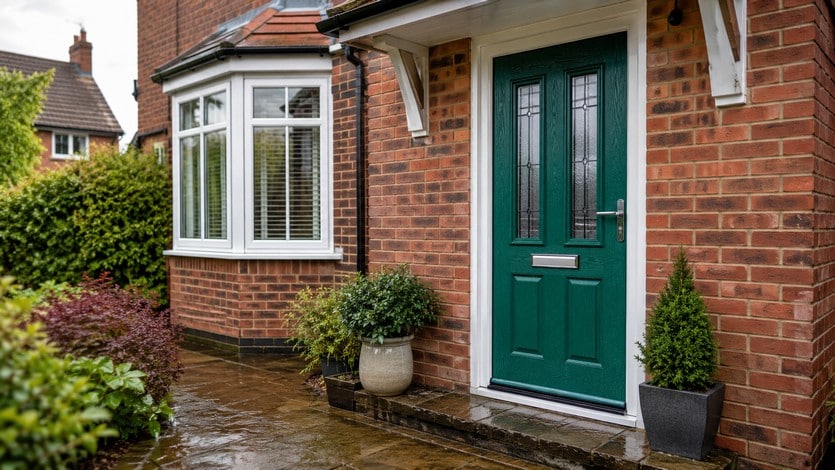 Weather-resistant green factory-finished composite door fitted to an Ormskirk home after North West rain
